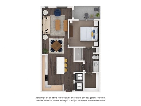 Floor plan for 1 bed, 1 bath, 711 sqft